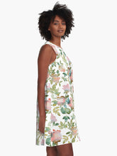 Load image into Gallery viewer, A-line or swing dress featuring original hand-painted watercolor painting by artist Elizabeth Becker. Flowy summer tent dress with floral design. Soft pink, peach, olive green, teal and white colors. Botanical rose flowers and leaves.