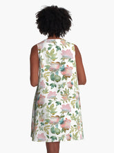 Load image into Gallery viewer, A-line or swing dress featuring original hand-painted watercolor painting by artist Elizabeth Becker. Flowy summer tent dress with floral design. Soft pink, peach, olive green, teal and white colors. Botanical rose flowers and leaves.