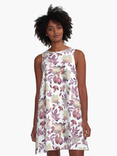 Load image into Gallery viewer, A-line or swing dress featuring original hand-painted watercolor painting by artist Elizabeth Becker. Flowy summer tent dress with floral design. Mauve purple, pale peach and white colors. Botanical rose flowers and leaves.