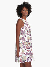 Load image into Gallery viewer, A-line or swing dress featuring original hand-painted watercolor painting by artist Elizabeth Becker. Flowy summer tent dress with floral design. Mauve purple, pale peach and white colors. Botanical rose flowers and leaves.