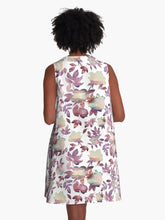 Load image into Gallery viewer, A-line or swing dress featuring original hand-painted watercolor painting by artist Elizabeth Becker. Flowy summer tent dress with floral design. Mauve purple, pale peach and white colors. Botanical rose flowers and leaves.