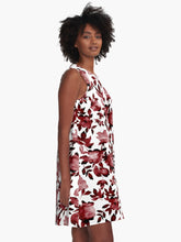 Load image into Gallery viewer, A-line or swing dress featuring original hand-painted watercolor painting by artist Elizabeth Becker. Flowy summer tent dress with floral design. Maroon red and white colors. Botanical rose flowers and leaves.