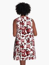 Load image into Gallery viewer, A-line or swing dress featuring original hand-painted watercolor painting by artist Elizabeth Becker. Flowy summer tent dress with floral design. Maroon red and white colors. Botanical rose flowers and leaves.