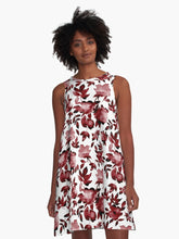 Load image into Gallery viewer, A-line or swing dress featuring original hand-painted watercolor painting by artist Elizabeth Becker. Flowy summer tent dress with floral design. Maroon red and white colors. Botanical rose flowers and leaves.