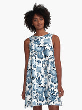 Load image into Gallery viewer, A-line or swing dress featuring original hand-painted watercolor painting by artist Elizabeth Becker. Flowy summer tent dress with floral design. Muted midnight blue and white colors. Botanical rose flowers and leaves.