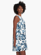 Load image into Gallery viewer, A-line or swing dress featuring original hand-painted watercolor painting by artist Elizabeth Becker. Flowy summer tent dress with floral design. Muted midnight blue and white colors. Botanical rose flowers and leaves.