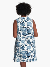 Load image into Gallery viewer, A-line or swing dress featuring original hand-painted watercolor painting by artist Elizabeth Becker. Flowy summer tent dress with floral design. Muted midnight blue and white colors. Botanical rose flowers and leaves.