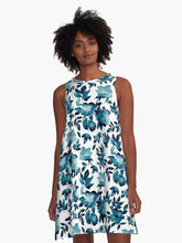 Load image into Gallery viewer, A-line or swing dress featuring original hand-painted watercolor painting by artist Elizabeth Becker. Flowy summer tent dress with floral design. Blue and white colors. Botanical rose flowers and leaves.