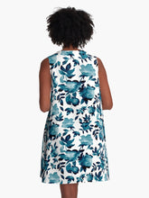 Load image into Gallery viewer, A-line or swing dress featuring original hand-painted watercolor painting by artist Elizabeth Becker. Flowy summer tent dress with floral design. Blue and white colors. Botanical rose flowers and leaves.