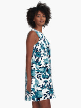 Load image into Gallery viewer, A-line or swing dress featuring original hand-painted watercolor painting by artist Elizabeth Becker. Flowy summer tent dress with floral design. Blue and white colors. Botanical rose flowers and leaves.