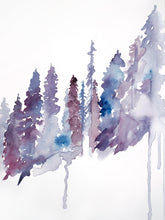 Load image into Gallery viewer, 9” x 12” original watercolor botanical nature painting of pine trees in an ethereal, expressive, impressionist, minimalist, modern style by contemporary fine artist Elizabeth Becker. Soft purple, mauve, blue and white colors.