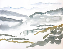 Load image into Gallery viewer, 16” x 20” original watercolor abstract landscape painting of the Appalachian mountains, Asheville, North Carolina, in an expressive, impressionist, minimalist, modern style by contemporary fine artist Elizabeth Becker. Soft, muted cool colors (light blue, olive green, gray, white).