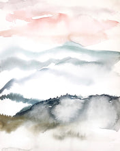 Load image into Gallery viewer, 16” x 20” original watercolor abstract sunset landscape painting of the Appalachian mountains, Asheville, North Carolina, in an expressive, impressionist, minimalist, modern style by contemporary fine artist Elizabeth Becker. Loose gestural brushstrokes. Soft, muted, pale colors (peach, gray, white, mossy olive green, gold, black)
