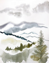 Load image into Gallery viewer, 16” x 20” original watercolor abstract landscape tree painting of the Appalachian mountain layers, Asheville, North Carolina, in an expressive, impressionist, minimalist, modern style by contemporary fine artist Elizabeth Becker.