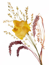 Load image into Gallery viewer, 9” x 12" original watercolor autumn bouquet botanical painting in an expressive, impressionist, minimalist, modern style by contemporary fine artist Elizabeth Becker. Muted yellow ochre, olive green, garnet red and white colors.