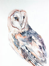 Load image into Gallery viewer, 9” x 12” original watercolor wildlife nature barn owl painting in an expressive, impressionist, minimalist, modern style by contemporary fine artist Elizabeth Becker. Soft peach, gray and white colors.