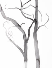 Load image into Gallery viewer, 9” x 12” original trees ink painting in an expressive, impressionist, minimalist, modern style by contemporary fine artist Elizabeth Becker. Monochromatic black and white.