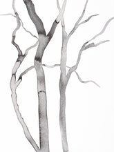 Load image into Gallery viewer, 9” x 12” original trees ink painting in an expressive, impressionist, minimalist, modern style by contemporary fine artist Elizabeth Becker. Monochromatic black and white.