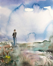 Load image into Gallery viewer, 8" x 10" original watercolor abstract desert landscape figure painting in an expressive, impressionist, minimalist, modern style by contemporary fine artist Elizabeth Becker.