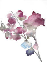 Load image into Gallery viewer, 9" x 12" original watercolor botanical flower painting in an expressive, impressionist, minimalist, modern style by contemporary fine artist Elizabeth Becker. Soft muted pink, red, blue, purple, green and white colors.