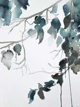 Load image into Gallery viewer, 9” x 12” original watercolor botanical nature painting of tree branches and leaves in an expressive, impressionist, minimalist, modern style by contemporary fine artist Elizabeth Becker. Soft monochromatic muted blue green, gray and white colors.