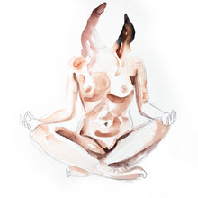Load image into Gallery viewer, 15" x 15" original watercolor nude meditating spiritual figure painting in an expressive, impressionist, minimalist, modern style by contemporary fine artist Elizabeth Becker.