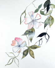 Load image into Gallery viewer, 16” x 20” original watercolor botanical cherry blossom floral painting in an expressive, impressionist, minimalist, modern style by contemporary fine artist Elizabeth Becker. Soft green gold, light pale pink and white and white colors.