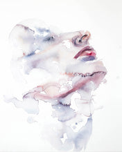 Load image into Gallery viewer, 16" x 20" original watercolor portrait painting in an expressive, impressionist, minimalist, modern style by contemporary fine artist Elizabeth Becker. Soft peach, pink, red, blue gray and white colors.