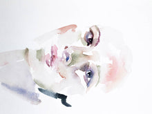Load image into Gallery viewer, 8" x 10" original watercolor abstract portrait painting in an expressive, impressionist, minimalist, modern style by contemporary fine artist Elizabeth Becker. Soft pink, peach, green, gray, black and white colors.