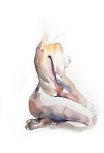 Load image into Gallery viewer, 15" x 22" original watercolor meditative kneeling nude figure painting in an expressive, impressionist, minimalist, modern style by contemporary fine artist Elizabeth Becker