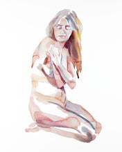 Load image into Gallery viewer, 16" x 20" original watercolor kneeling nude woman figure painting in an expressive, impressionist, minimalist, modern style by contemporary fine artist Elizabeth Becker