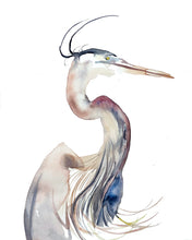 Load image into Gallery viewer, 16” x 20” original watercolor wildlife great blue heron, egret or crane painting in an expressive, impressionist, minimalist, modern style by contemporary fine artist Elizabeth Becker