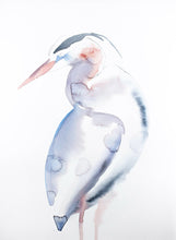 Load image into Gallery viewer, 11” x 15” original watercolor wildlife heron, egret or crane painting in an expressive, impressionist, minimalist, modern style by contemporary fine artist Elizabeth Becker