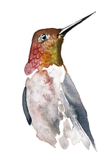 Load image into Gallery viewer, 5” x 7” original watercolor ruby-throated hummingbird painting in an ethereal, expressive, impressionist, minimalist, modern style by contemporary fine artist Elizabeth Becker