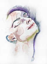 Load image into Gallery viewer, 22" x 30" large-scale original watercolor portrait painting in an expressive, impressionist, minimalist, modern style by contemporary fine artist Elizabeth Becker. Soft watery peach, green, purple and white colors.