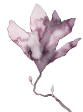 Load image into Gallery viewer, 9” x 12” original botanical floral ink painting in an expressive, impressionist, minimalist, modern style by contemporary fine artist Elizabeth Becker. Soft watery mauve, eggplant, plum purple and white colors.