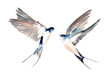 Load image into Gallery viewer, 16” x 20” original watercolor pair or couple of flying swallow birds painting in an expressive, impressionist, minimalist, modern style by contemporary fine artist Elizabeth Becker. Soft pink, peach, gray, ink blue and white colors.