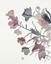 Load image into Gallery viewer, 16” x 20” original watercolor botanical shadow floral painting in an expressive, impressionist, minimalist, modern style by contemporary fine artist Elizabeth Becker. Soft watery monochromatic mauve purple, gray, black and white colors.
