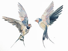 Load image into Gallery viewer, 18” x 24” original watercolor pair or couple of flying barn swallow birds painting in an expressive, impressionist, minimalist, modern style by contemporary fine artist Elizabeth Becker. Soft pale pink, peach, ink blue, gray and white colors.