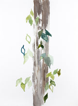 Load image into Gallery viewer, 9” x 12” original watercolor botanical nature painting of tree and leaves in an expressive, impressionist, minimalist, modern style by contemporary fine artist Elizabeth Becker. Soft blue, green, gold, gray and white colors.