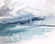 Load image into Gallery viewer, 16” x 20” original watercolor abstract beachscape painting in an expressive, impressionist, minimalist, modern style by contemporary fine artist Elizabeth Becker. Soft muted moody blue green, turquoise, teal, payne's gray, black and white colors.