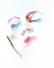 Load image into Gallery viewer, 16" x 20" original watercolor emotional abstract portrait painting in an expressive, impressionist, minimalist, modern style by contemporary fine artist Elizabeth Becker. Soft peach, mauve purple, green and white colors.