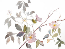 Load image into Gallery viewer, 9” x 12" original watercolor botanical floral painting in an expressive, impressionist, minimalist, modern style by contemporary fine artist Elizabeth Becker. Soft muted pink, olive green, gray and white colors.