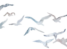 Load image into Gallery viewer, 18” x 24” original watercolor flying geese birds painting in an ethereal, expressive, impressionist, minimalist, modern style by contemporary fine artist Elizabeth Becker. Soft muted pale blue gray and white colors.