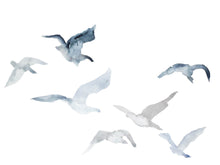 Load image into Gallery viewer, 18” x 24” original watercolor flying geese birds painting in an ethereal, expressive, impressionist, minimalist, modern style by contemporary fine artist Elizabeth Becker. Soft muted pale blue gray and white colors.