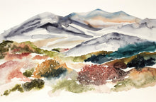 Load image into Gallery viewer, 26” x 40” original watercolor abstract landscape painting of mountains and autumn or fall leaves in an expressive, impressionist, minimalist, modern style by contemporary fine artist Elizabeth Becker. Muted earth tones. Yellow ochre, dark red, olive green, gray, teal and white colors.
