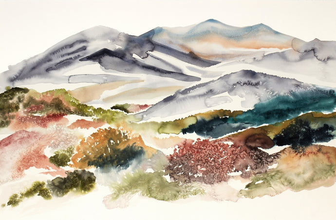 26” x 40” original watercolor abstract landscape painting of mountains and autumn or fall leaves in an expressive, impressionist, minimalist, modern style by contemporary fine artist Elizabeth Becker. Muted earth tones. Yellow ochre, dark red, olive green, gray, teal and white colors.