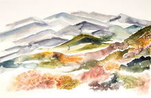 Load image into Gallery viewer, 26” x 40” original watercolor abstract landscape painting of mountains and autumn or fall leaves in an expressive, impressionist, minimalist, modern style by contemporary fine artist Elizabeth Becker. Muted earth tones. Yellow ochre, olive green, muted red, dark green, soft gray and white colors.
