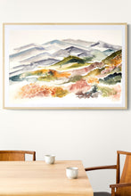 Load image into Gallery viewer, 26” x 40” original watercolor abstract landscape painting of mountains and autumn or fall leaves in an expressive, impressionist, minimalist, modern style by contemporary fine artist Elizabeth Becker. Muted earth tones. Yellow ochre, olive green, muted red, dark green, soft gray and white colors. Framed.
