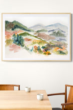 Load image into Gallery viewer, 26” x 40” original watercolor abstract landscape painting of mountains and autumn or fall leaves in an expressive, impressionist, minimalist, modern style by contemporary fine artist Elizabeth Becker. Muted earth tones. Olive green, dark forest green, muted red, soft gray and white colors.
